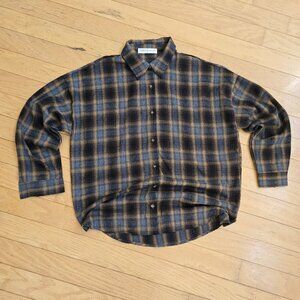 Stitch + Feather | boho grey brown plaid boxy flannel shirt | WMS M